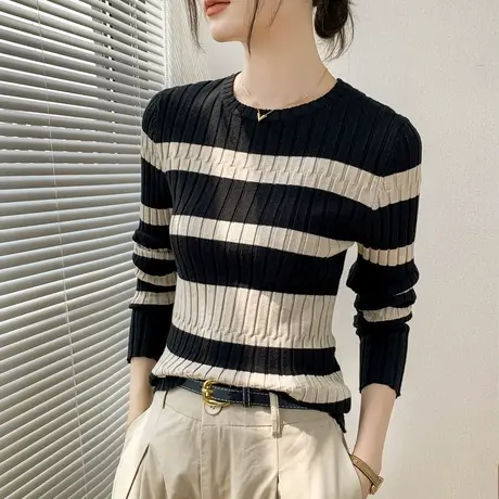 圆领条纹长袖针织衫女2023早秋新款毛衣时髦竖条修身显瘦内搭上衣商品大图