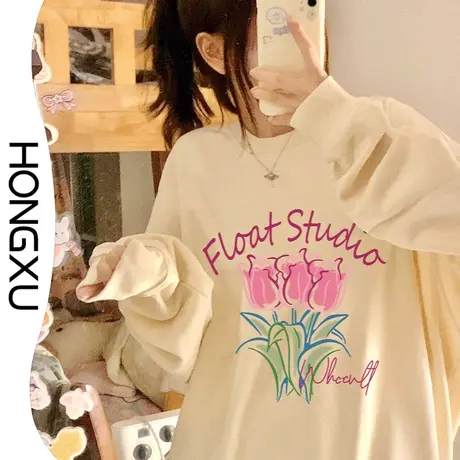 红续2023新款田园风小花朵印花圆领卫衣女ins秋冬加厚显瘦上衣潮图片