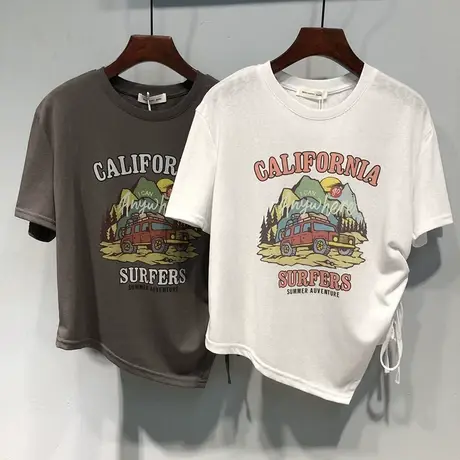 2023夏装韩国ulzzang新款汽车图案宽松单侧抽绳不对称短款T恤女潮商品大图