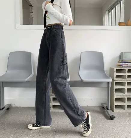 复古港风ins宽松直筒牛仔裤女夏季2023年新款高腰显瘦阔腿拖地裤商品大图
