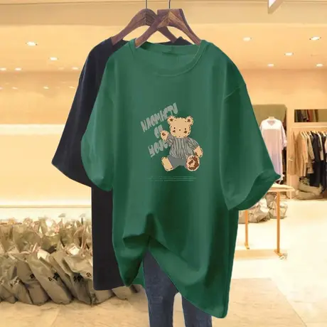 墨绿色短袖t恤女宽松韩版ins潮2023春夏季新款中长款半袖打底上衣图片