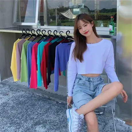 2023新款秋季网红高腰露脐短款上衣女宽松打底衫韩版长袖T恤ins潮图片