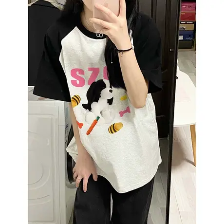 纯棉美式复古插肩短袖t恤女夏季新款设计感小众韩版宽松半袖上衣商品大图