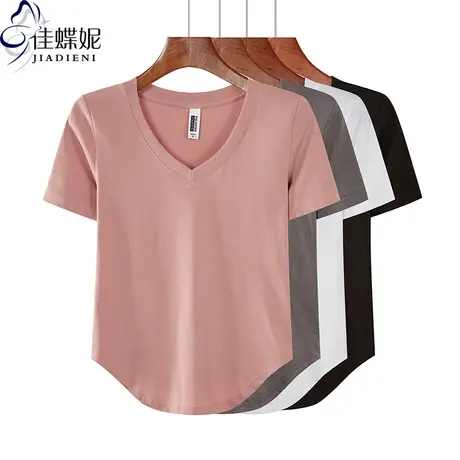 春夏季纯棉修身纯色V领纯白短袖体恤上衣内搭燕尾下摆打底衫T恤女商品大图
