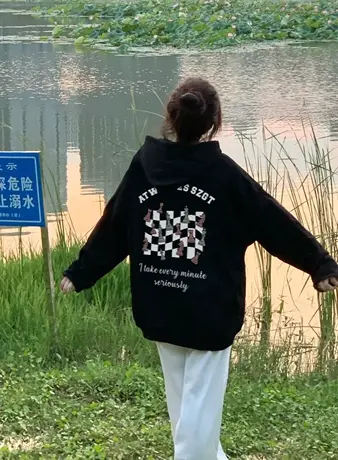 棋盘格连帽卫衣女大码古着vintage美式宽松慵懒风小个子外套上衣图片