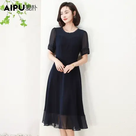 爱朴大码女装气质胖mm显瘦高货裙2023新款夏季圆领串珠网纱连衣裙商品大图