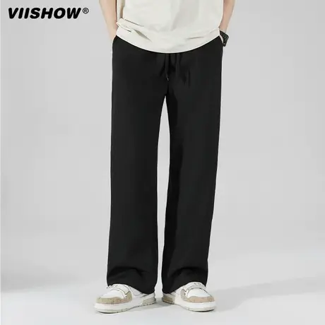 VIISHOW美式简约休闲裤子男潮牌宽松垂感黑色直筒长裤抽绳运动裤商品大图