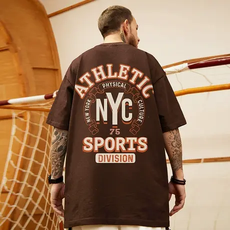 oversize重磅潮牌胖子男装加肥加大码咖色嘻哈宽松短袖T恤半袖潮商品大图