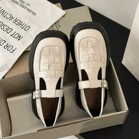 英伦风复古厚底小皮鞋女2023春夏季新款蛋糕鞋镂空编织休闲单鞋子商品大图