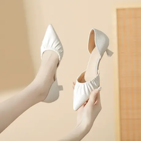 包头凉鞋女2023年夏季新款小众设计感褶皱凉鞋纯色尖头中空高跟鞋商品大图