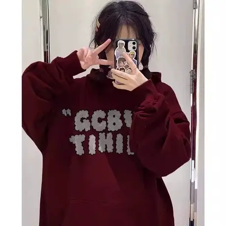 美式加厚大码卫衣女春秋款oversize连帽加绒小个子上衣胖mm200斤商品大图
