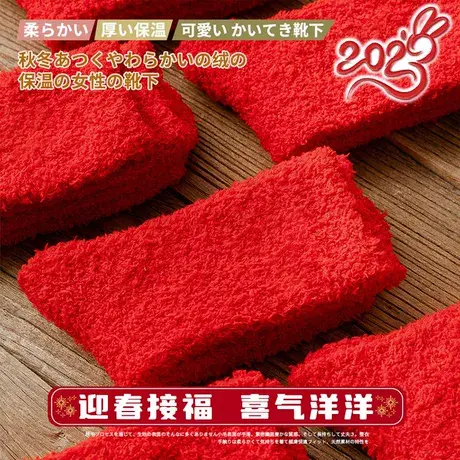 珊瑚绒袜子男女秋冬小腿袜圣诞新年加绒加厚保暖长袜红色情侣袜子商品大图