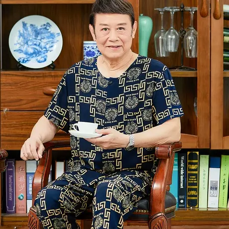 老年人棉绸睡衣男开衫夏季短袖绵绸家居服大码中年爸爸人造棉套装图片