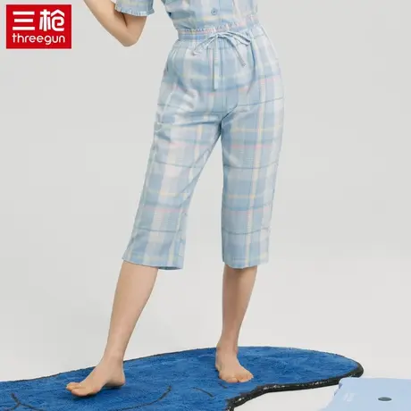 三枪纯棉女夏季睡裤轻薄可外穿七分裤格子宽松休闲家居裤系绳裤子图片
