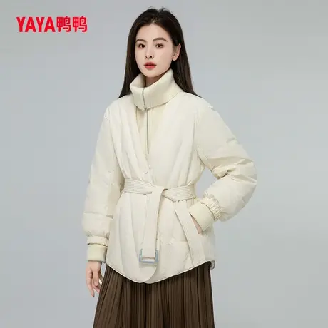 鸭鸭羽绒服女秋冬浴袍款宽松百搭短款腰部系带显瘦外套图片