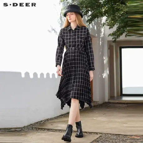sdeer圣迪奥女装复古翻领格纹百褶收腰连衣裙S21461216图片