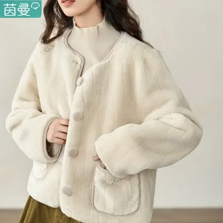 茵曼小香风羊羔绒外套女2023新款秋冬季皮毛一体毛短款上衣棉衣图片