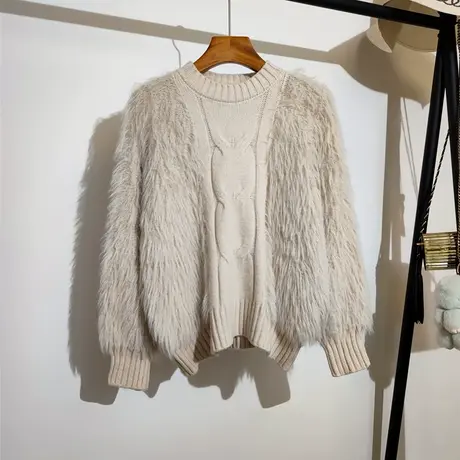 仿水貂绒毛衣女宽松套头秋冬新款宽松圆领内搭显瘦针织衫上衣外穿商品大图