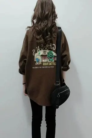 欧洲站2023春款卡通印花中长款外套休闲宽松韩版长袖时尚衬衫上衣图片