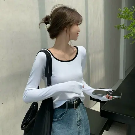 2023早秋冬新款露锁骨打底衫女装修身长袖T恤设计感小众辣妹上衣商品大图