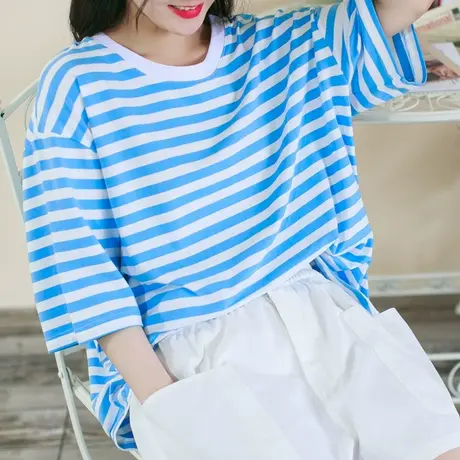胖妹妹气质圆领条纹七分袖蓝条纹T恤加大码2023宽松复古针织上衣商品大图