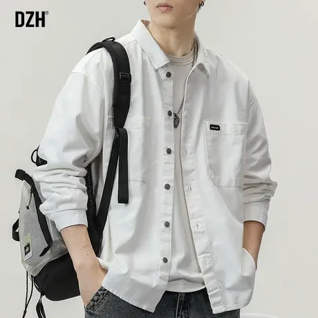 男士白色工装衬衫男长袖高级感痞帅秋季宽松衬衣2023新款翻领外套商品大图