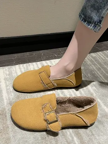 加绒勃肯鞋女秋冬季复古一脚蹬两穿休闲百搭丑萌森系懒人豆豆单鞋商品大图