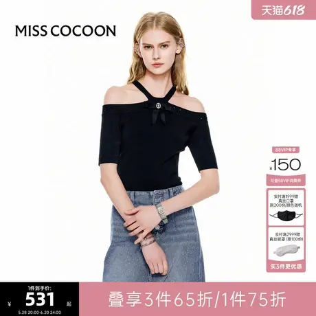 可可尼COCOON【赋美东方】2025夏季新款浪漫带钻露肩蝴蝶结针织衫图片