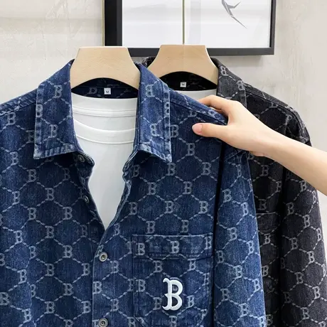 长袖衬衫男士秋季新款宽松牛仔工装衬衣百搭休闲夹克外套男潮牌图片