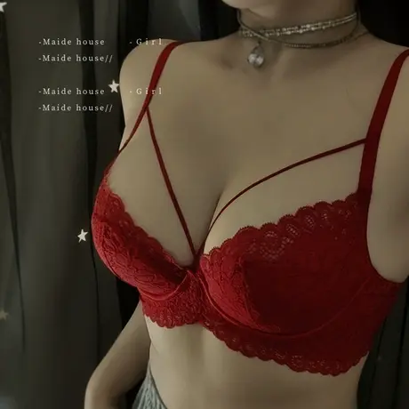 聚拢红色内衣女性感薄款夏季蕾丝文胸套装本命年结婚胸罩大码上托图片