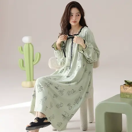 浪漫春天睡裙女春夏纯棉长袖家居服可外穿长款睡衣连衣裙舒适甜美商品大图