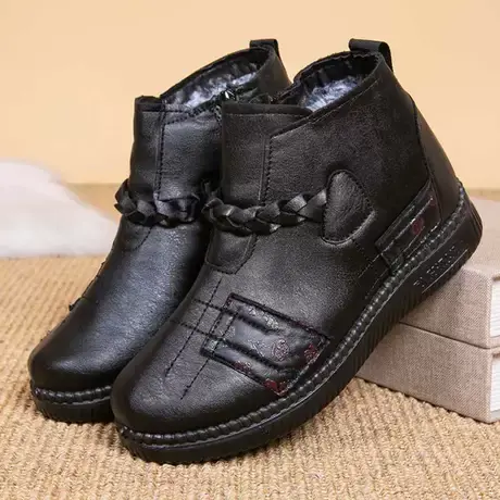 老人鞋女冬加绒老北京妈妈棉鞋中老年防滑平底皮面保暖奶奶棉靴女商品大图