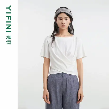 [专柜同款]Yifini/易菲圆领交叉设计修身短款时尚T恤女D04Z1027图片