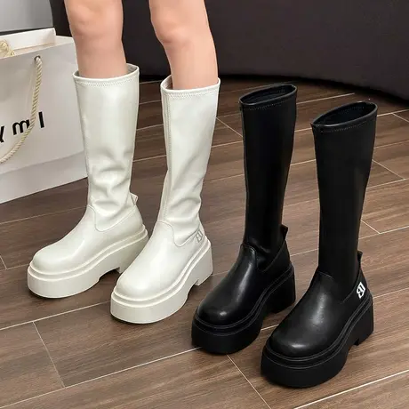 厚底靴子女长筒靴小个子粗腿弹力瘦瘦靴高跟高筒骑士不过膝长靴鞋图片