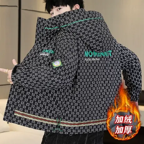 外套男士连帽冬季加绒加厚2023新款夹克潮牌满印青少年保暖棉衣服商品大图