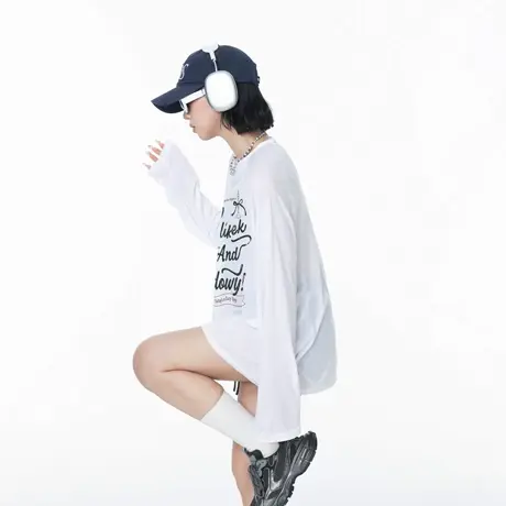 莱赛尔天丝印花长袖T恤女春秋新款宽松微透薄款物理防晒罩衫上衣商品大图