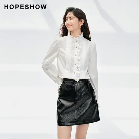 红袖outlets复古法式木耳边立领衬衫hopeshow2023冬款单排扣上衣商品大图