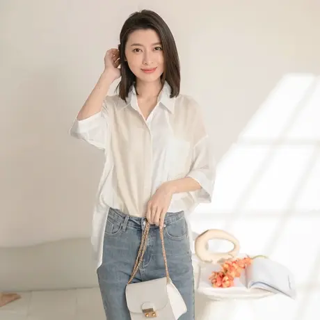 桔熊夏季通勤透肤不对称拼接宽松衬衫中长款上衣女大码AB16863商品大图