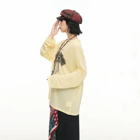 美式复古小狗印花微透防晒罩衫女宽松显瘦慵懒空调衫薄款长袖T恤商品大图