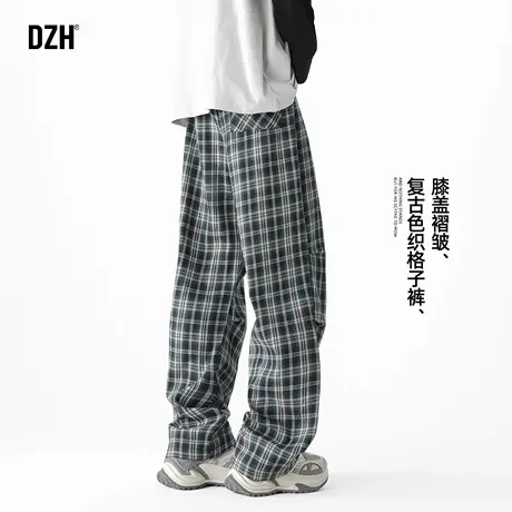 男士日系蓝色格子裤男秋季青少年裤子直筒宽松男裤2025新款休闲裤商品大图