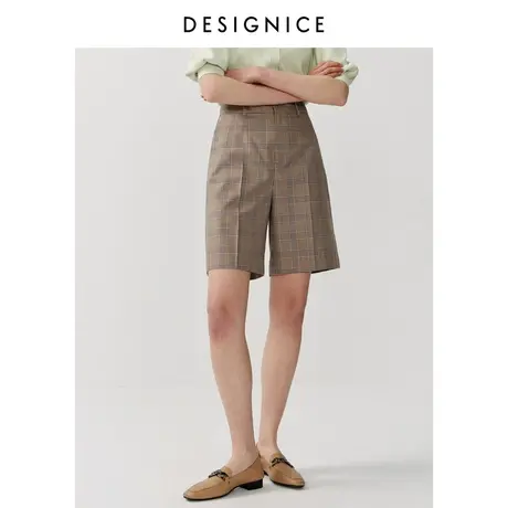 迪赛尼斯春秋新款休闲裤薄款高腰直筒格子通勤西装短裤女士图片