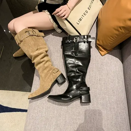 配裙子长筒靴女2025新款秋季不过膝长靴黑色靴子美拉德尖头堆堆靴商品大图