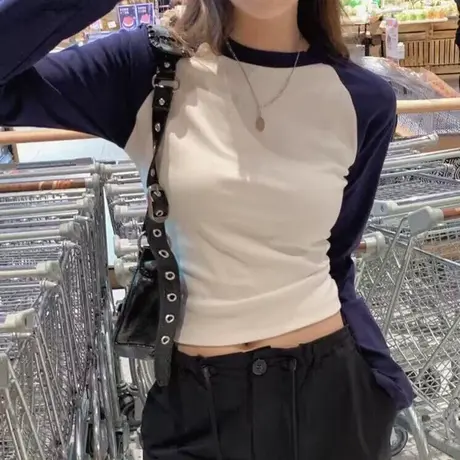 小个子短款拼接撞色内搭打底衫女秋季洋气韩版修身插肩袖T恤上衣商品大图