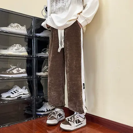 重磅卫裤男潮牌撞边休闲裤棕色秋冬厚款个性靓彩雪尼尔裤子男痞帅商品大图