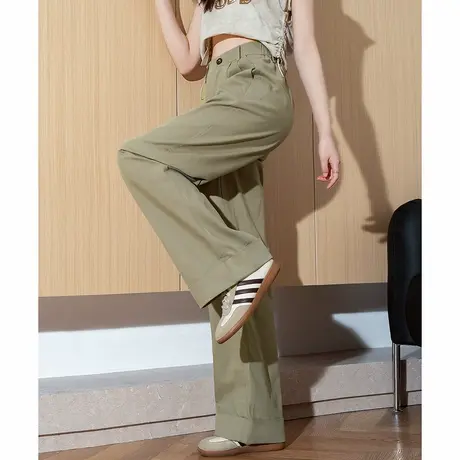 唐狮春季新款女休闲裤宽松直筒显瘦脚口折边长裤百搭阔腿裤TD商品大图
