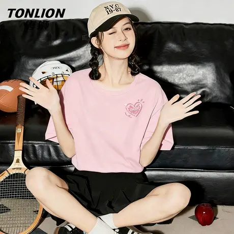 唐狮官方粉色纯棉短袖t恤女2026新款夏季女士宽松显瘦半袖上衣VB商品大图