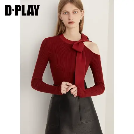 DPLAY2023新法式复古果酱红立体蝴蝶结上衣露肩设计感修身针织衫商品大图