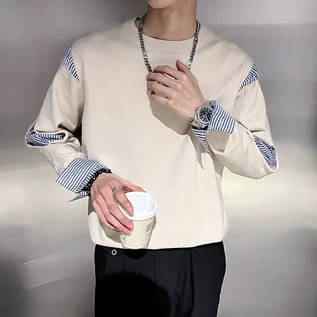 假两件条纹毛衣秋冬轻熟内搭线衣T恤个性拼接发型师设计感针织衫商品大图