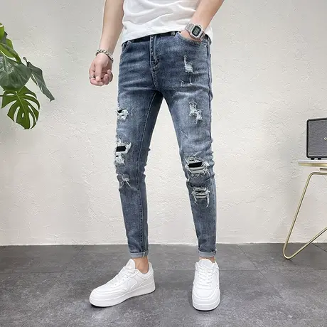 2023秋冬新款破洞补丁牛仔裤男潮个性乞丐小脚裤韩版修身铅笔裤子图片