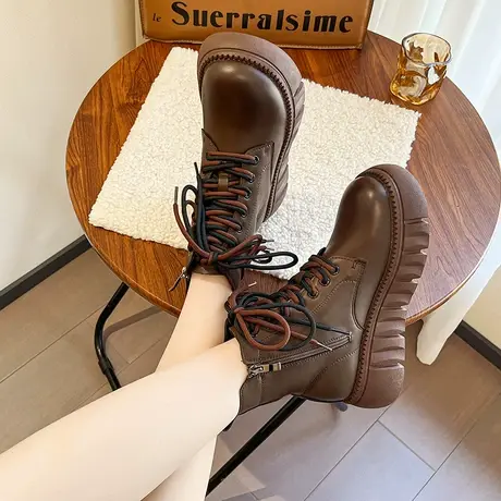 厚底短靴女秋冬棉靴英伦风复古时尚鞋冬季棉靴休闲松糕增高马丁靴商品大图